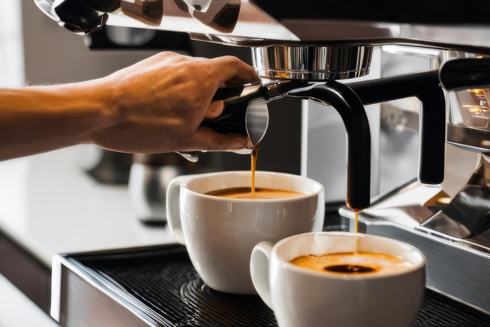 Kaffee fließt aus einem Kaffeevollautomat als Symbolbild für den Ratgeber: Kaffeevollautomat entkalken