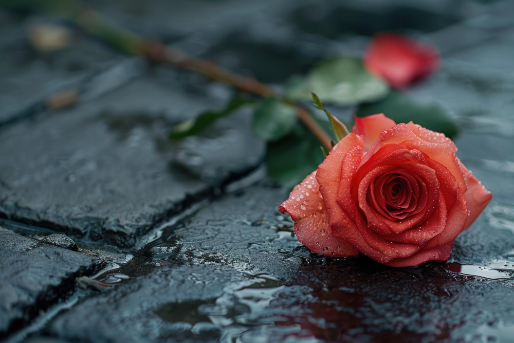 Eine Rose auf einem verregnetem Fußweg als Symbolbild für den Ratgeber: Tod eines Elternteils im Erwachsenenalter