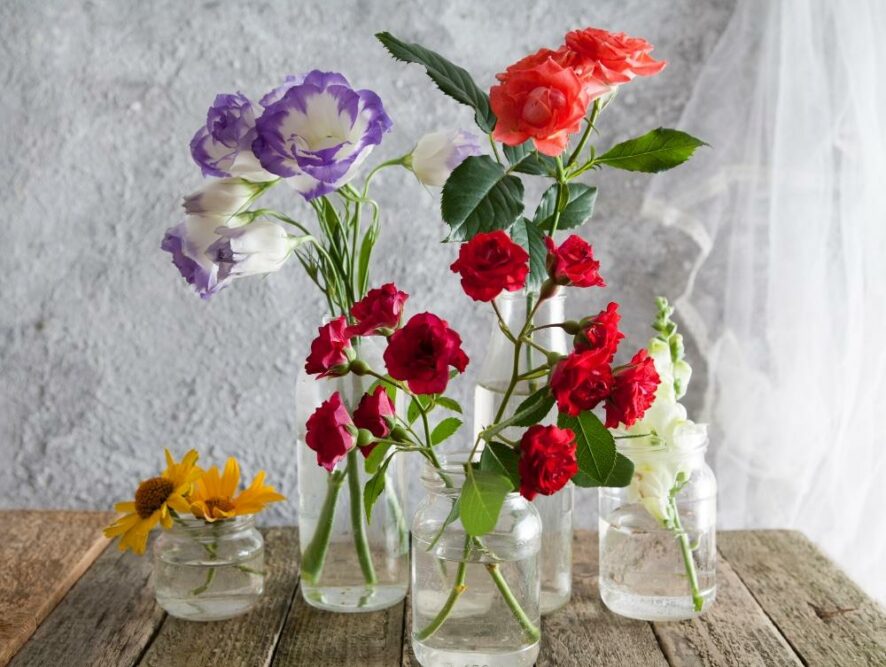 Frische Blumen in Vasen als Symbolbild für den Ratgeber Schnittblumen frisch halten.