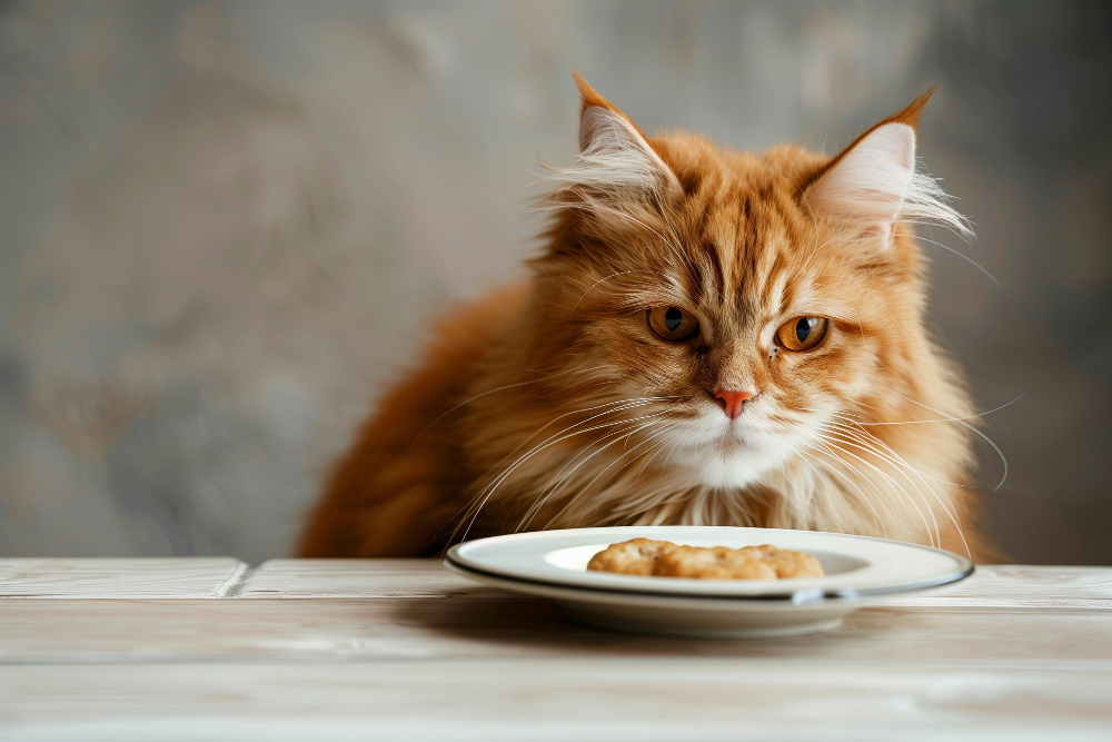 Eine orange-farbene Katze sitzt vor einem Teller mit Futter als Symbolbild für den Ratgeber: Katze riecht am Futter, frisst aber nicht?