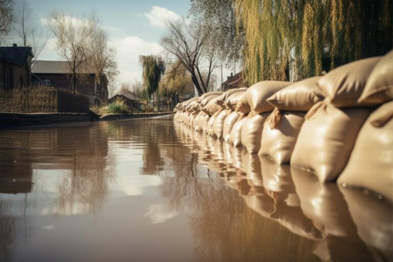 Richtig befüllte Sandsäcke, die das Wasser daran hindern, weiterzufließen