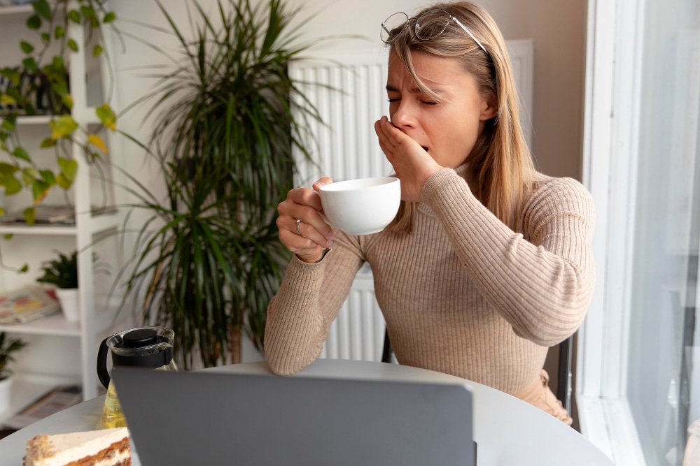 Frau gähnt trotz Kaffee - was hilft, um schnell wach zu werden?