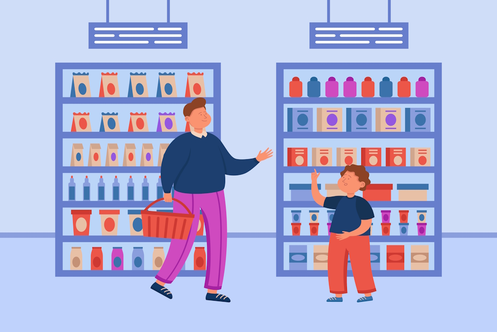 Illustration von Vater und Sohn im Supermarkt vor Supermarktregalen als Symbolbild für den Beitrag: Wo kann man Takis kaufen?