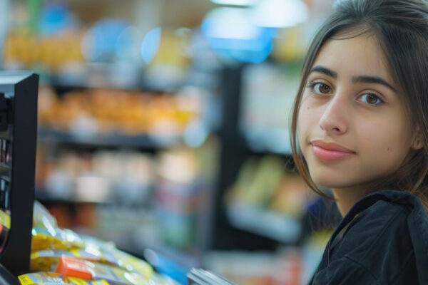 Junge Frau sitzt an der Kasse im Supermarkt als Symbolbild für den Ratgeber: 538-€-Minijob: Das solltest du über Rechte und Pflichten wissen auswählen