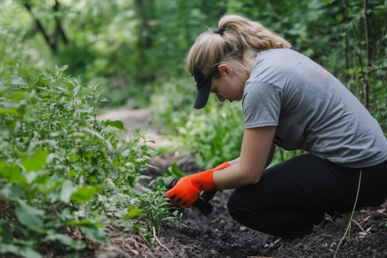 Frau bei der Gartenarbeit mit Handschuhen in üppiger grüner Umgebung - Symbolbild für den Ratgeber: Natron gegen Unkraut