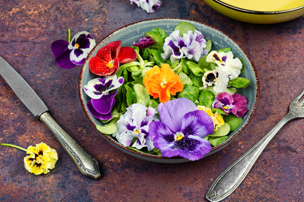 Ein Blütensalat mit Besteck als Symbolbild für Ratgeber: essbare Blüten