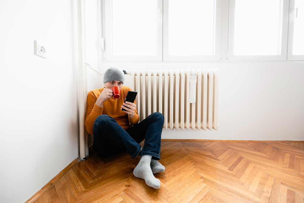 Junger Mann sitzt mit Mütze, Wollsocken, einem Heißgetränk am Smartphone vor einem Heizkörper als Symbolbild für den Ratgeber: Heizung geht nicht