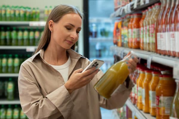 Frau checkt die Zutatenliste mit dem Smartphone / symbolisch für ist Aroma in Lebensmitteln unbedenklich