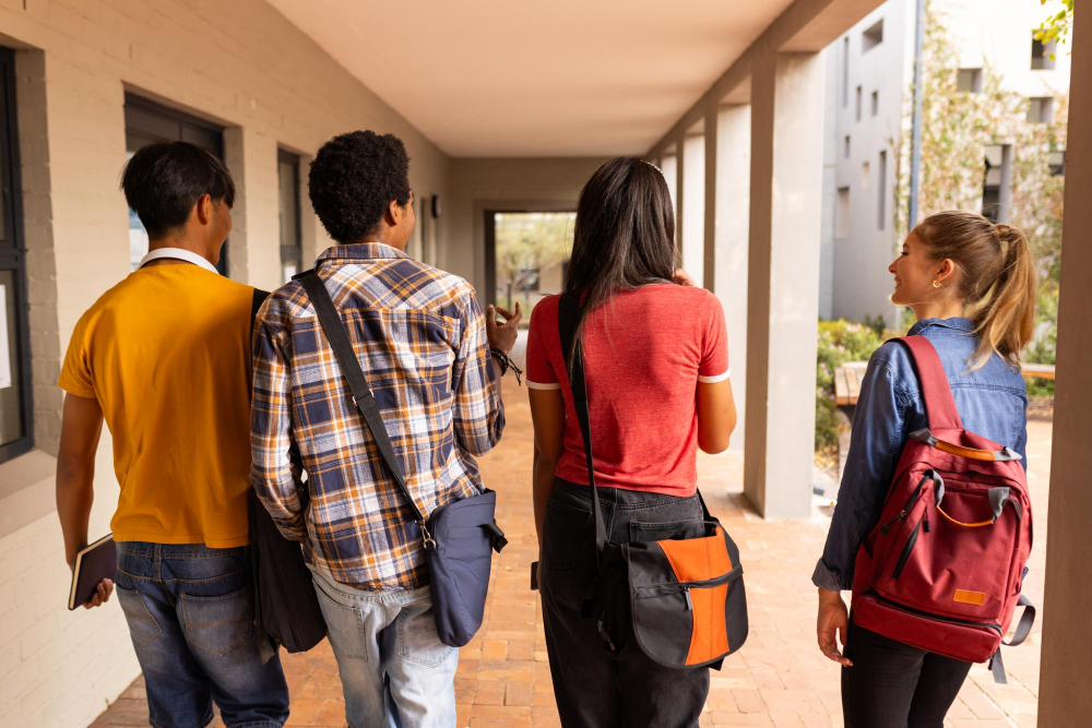 Ansicht von 4 Schülern aus der Oberstufe von hinten, die miteinander sprechen als Symbolbild für den Ratgeber: Themen zum Reden