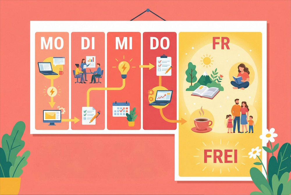 Illustration eines Wochenplans: vier Arbeitstage und ein freier Tag – 4-Tage-Woche mit Chancen und Stolperstellen im Alltag