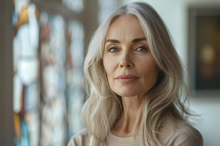 Hübsche alte Frau mit grau-blonden Haaren als Symbolbild für den Ratgeber: Graue Haare blond färben