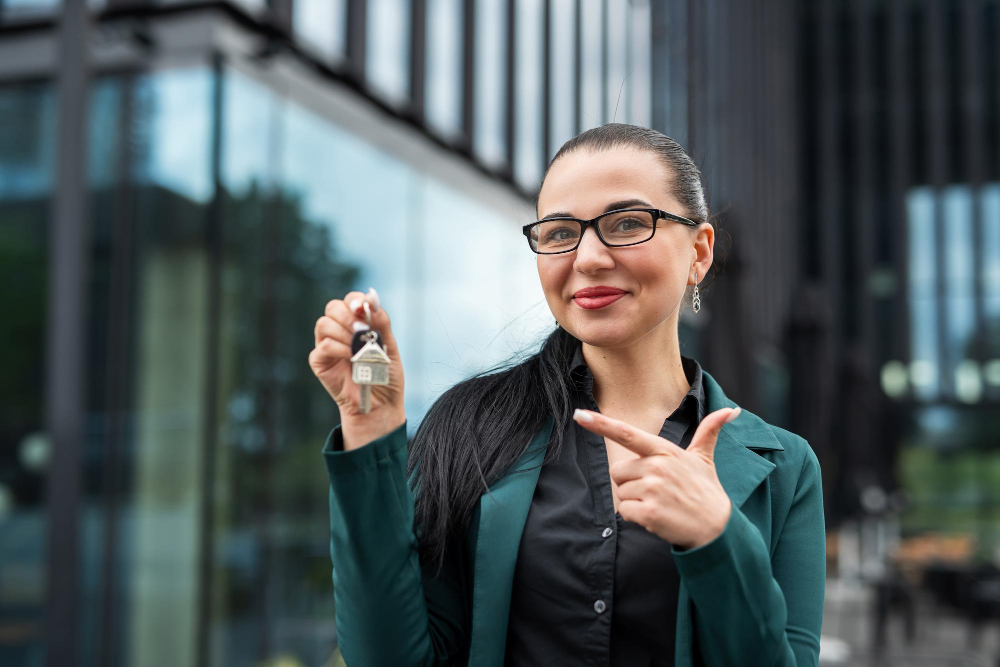 Frau mit Brille und grüner Blazer zeigt auf Schlüsselbund, symbolisiert Hausverkauf ohne Makler.