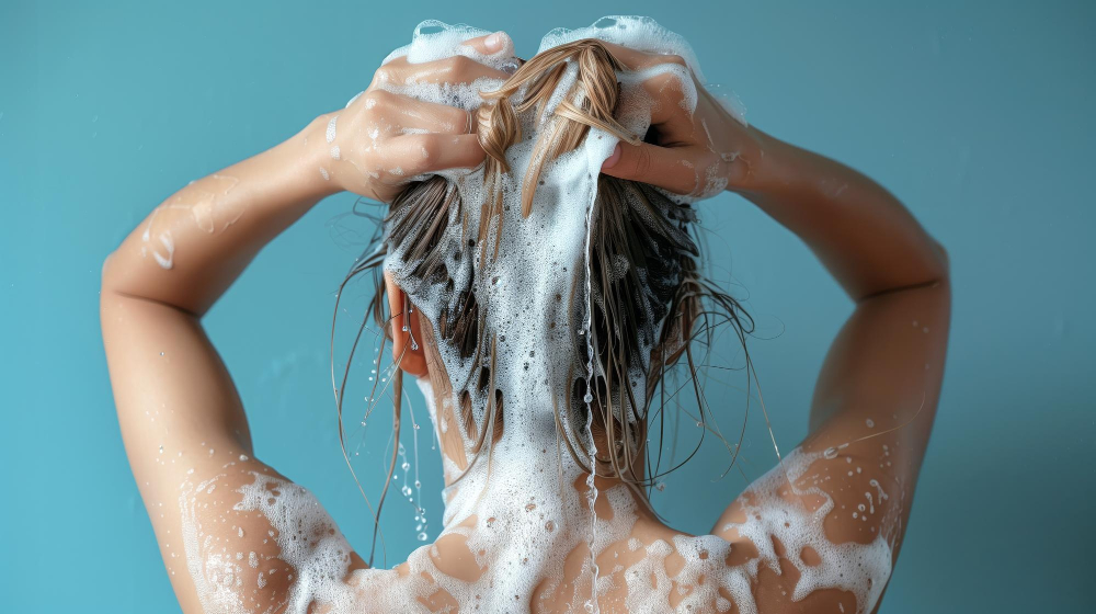 Junge Frau von hinten ist dabei sich die Haare zu waschen