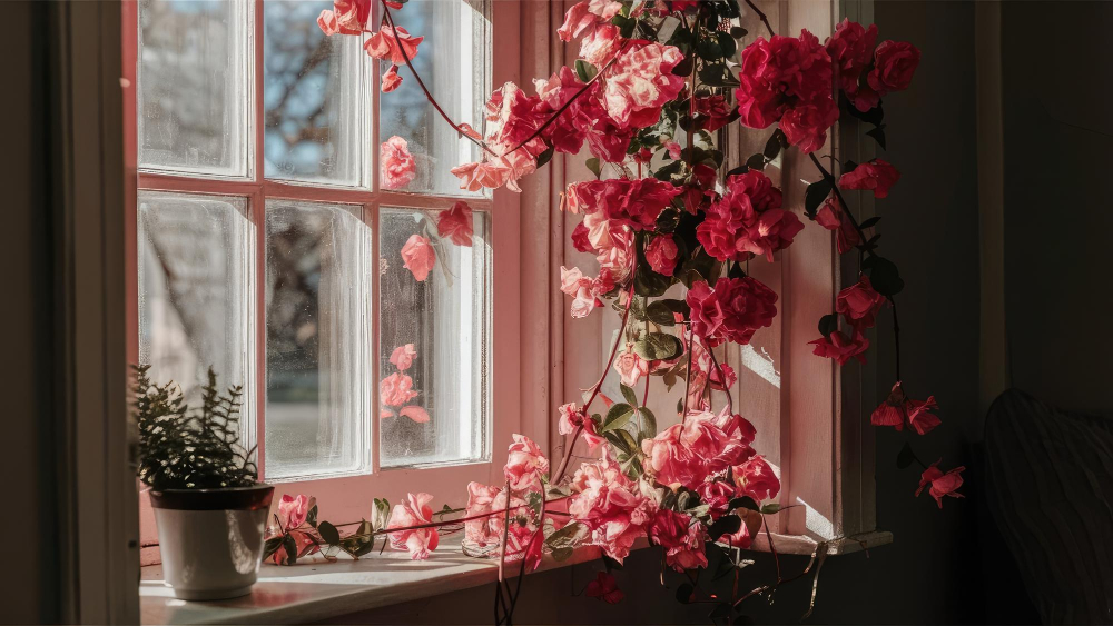 Hängende blühende Rebe im Fenster als Symbolbild für den Ratgeber: Moderne Alternative zu Gardinen