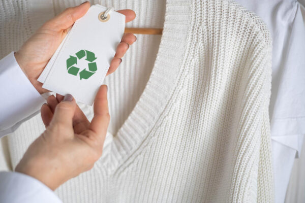 Die Hände einer Frau halten ein Etikett mit dem Zeichen für Recycling an einem weißen, gestrickten Pullover als Symbolbild für den Ratgeber: Was ist Zero Waste Mode?