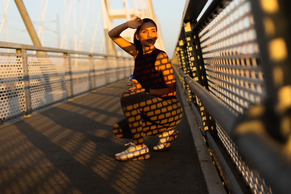 Junge Frau in Trainingssachen auf der Brücke macht eine Pause bei Sonnenuntergang (Symbolbild für: Frühsport oder Abendsport?)