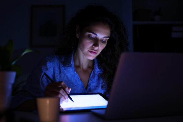 Frau arbeitet am Tablet im Dunkeln / Symbolbild für "Stromausfall im Homeoffice"