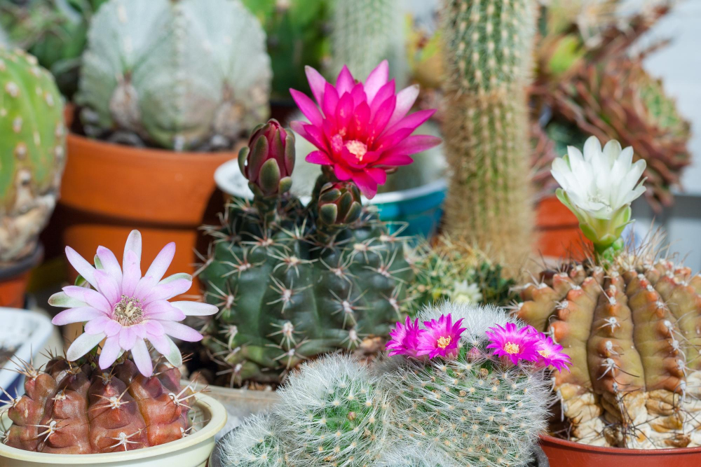 Verschiedene Kakteen in Töpfen bei voller Blüte