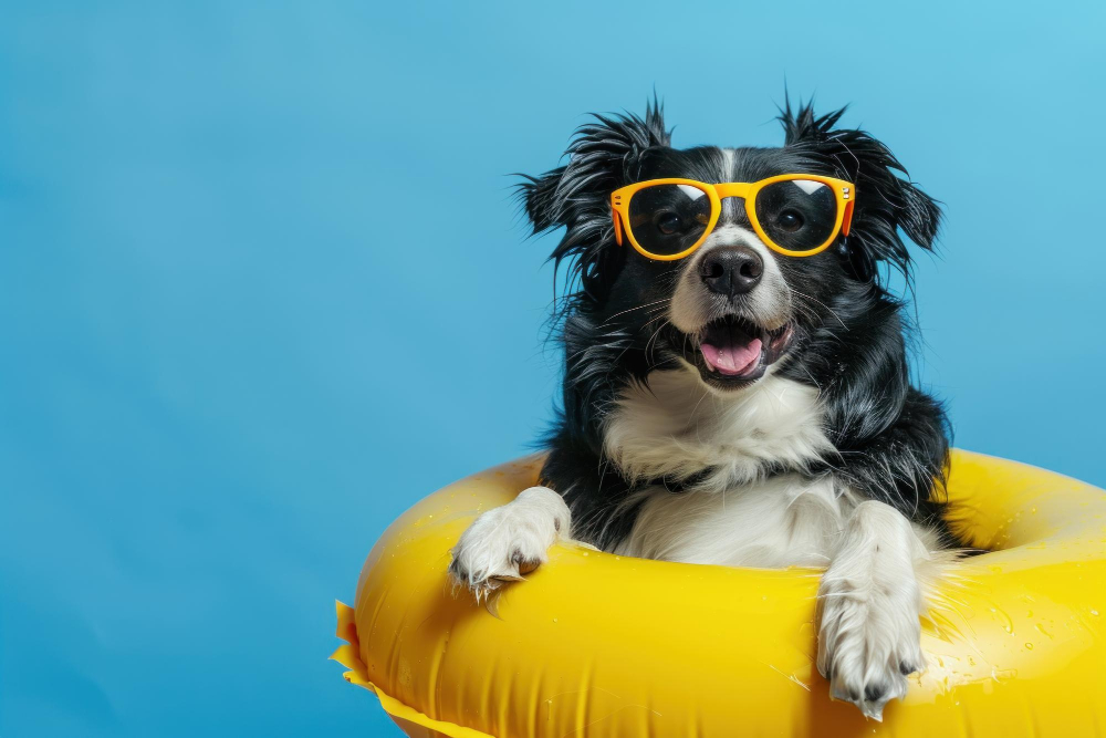 Border Collie mit Schwimmreifen und Sonnenbrille als Symbolbild: Haustiere vor Hitze schützen