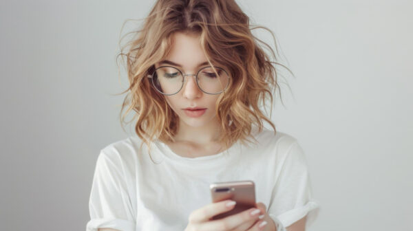 Junge Frau sieht auf den Bildschirm ihres Smartphones als Symbolbild für den Ratgeber: Wie erkenne ich Bots auf Tinder?