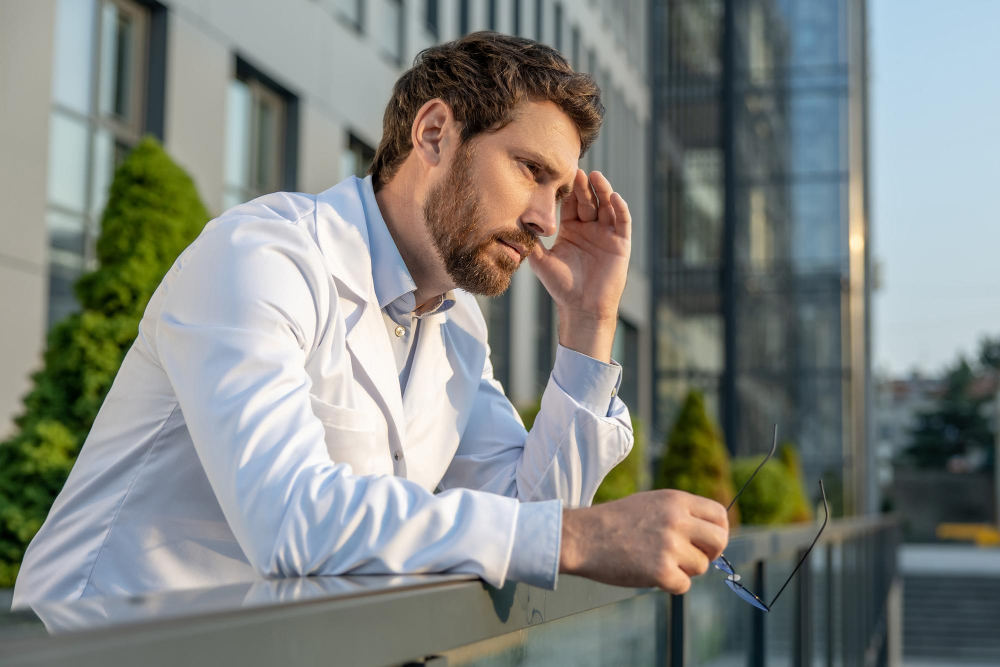 Mann steht an einem Geländer und wirkt gestresst als Symbolbild für den Ratgeber: Was ist emotionaler Stress?