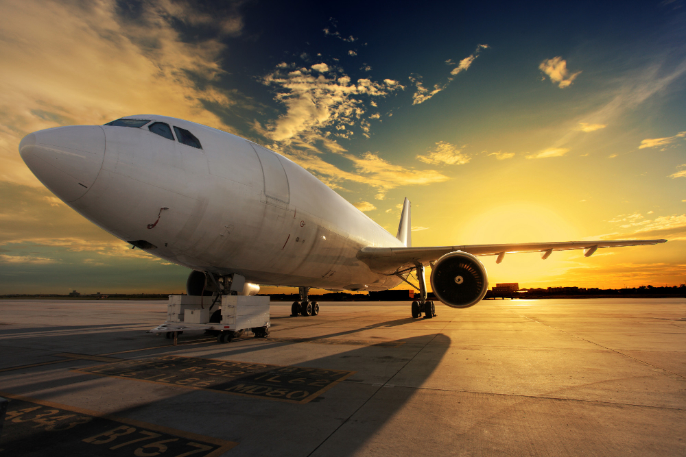 Ein FLugzeug im Sonnenuntergang auf der Landebahn als Symbolbild für den Ratgeber: Grammatikalisches Geschlecht von Flugzeugen