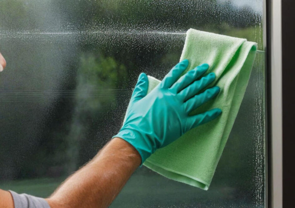 Großaufnahme einer Hand, die einen türkisen Handschuh trägt und mit einem Microfasertuch ein Fenster putzt als Symbolbild für den Ratgeber: Fenster streifenfrei putzen