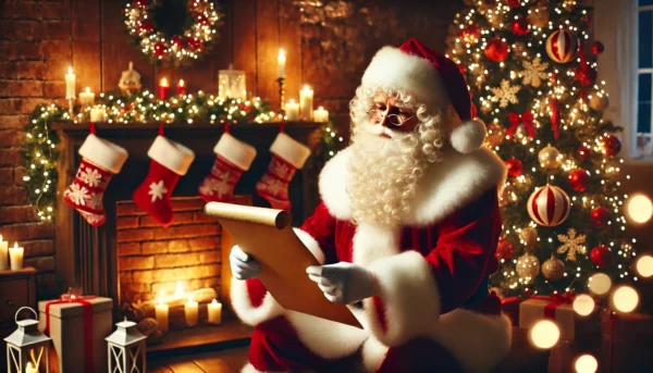 Weihnachtsmann am Kamin liest Wunschzettel als Symbolbild für den Beitrag: Wie alt ist der Weihnachtsmann.