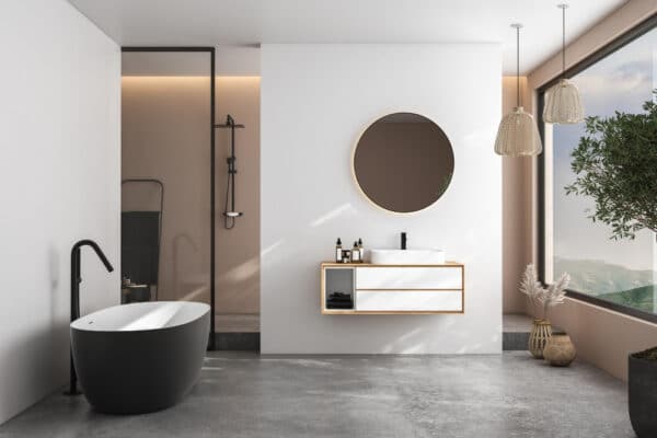 Modernes Bad ohne Fliesen als Symbolbild für den Ratgeber: Alternative zu Fliesen im Bad