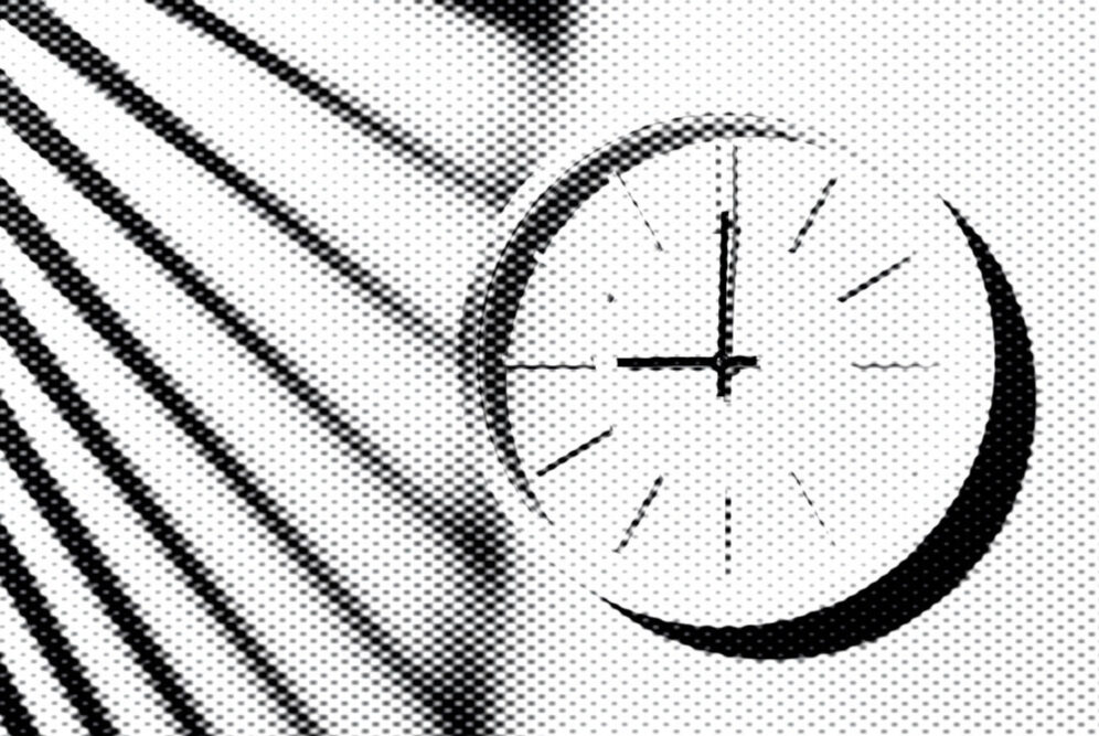 Schwarz weiße Illustration einer Uhr mit langen Schatten als Symbol für die 996-Woche und überlange Arbeitszeiten