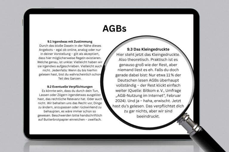 Tablet mit humorvollen AGBs, darunter ein vergrößerter Text unter Punkt 9.3 durch eine Lupe.