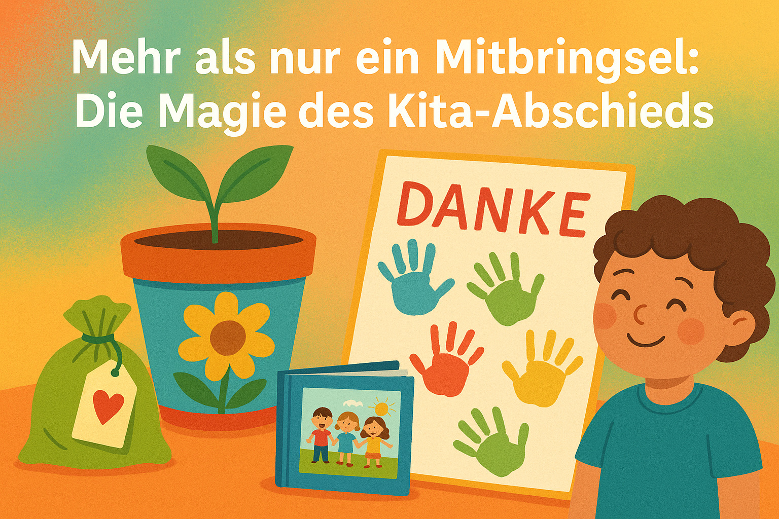Lächelndes Kind neben Abschiedsgeschenken für die Kita: bemalter Blumentopf, Dankeskarte mit Handabdrücken, Geschenkbeutel, Fotoalbum.