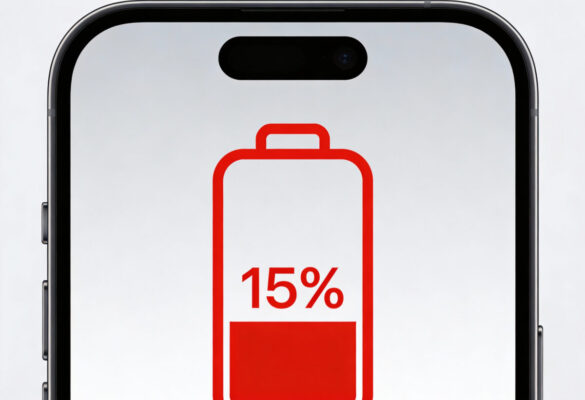 Smartphone mit 15% Akkuanzeige - symbolisch für Akku wird nach einem Updaten schlechter