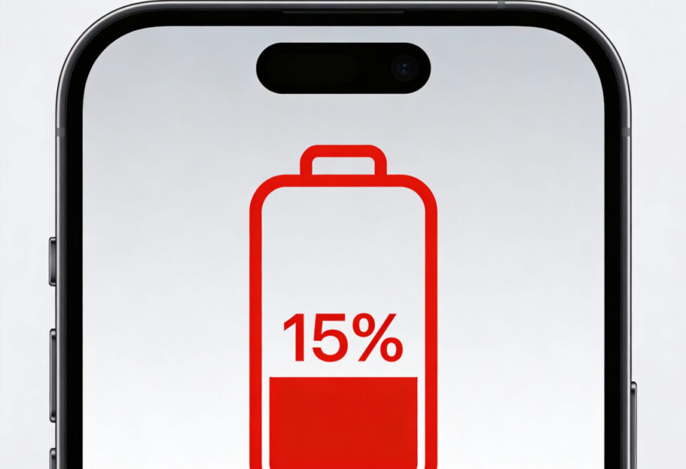 Smartphone mit 15% Akkuanzeige - symbolisch für Akku wird nach einem Updaten schlechter