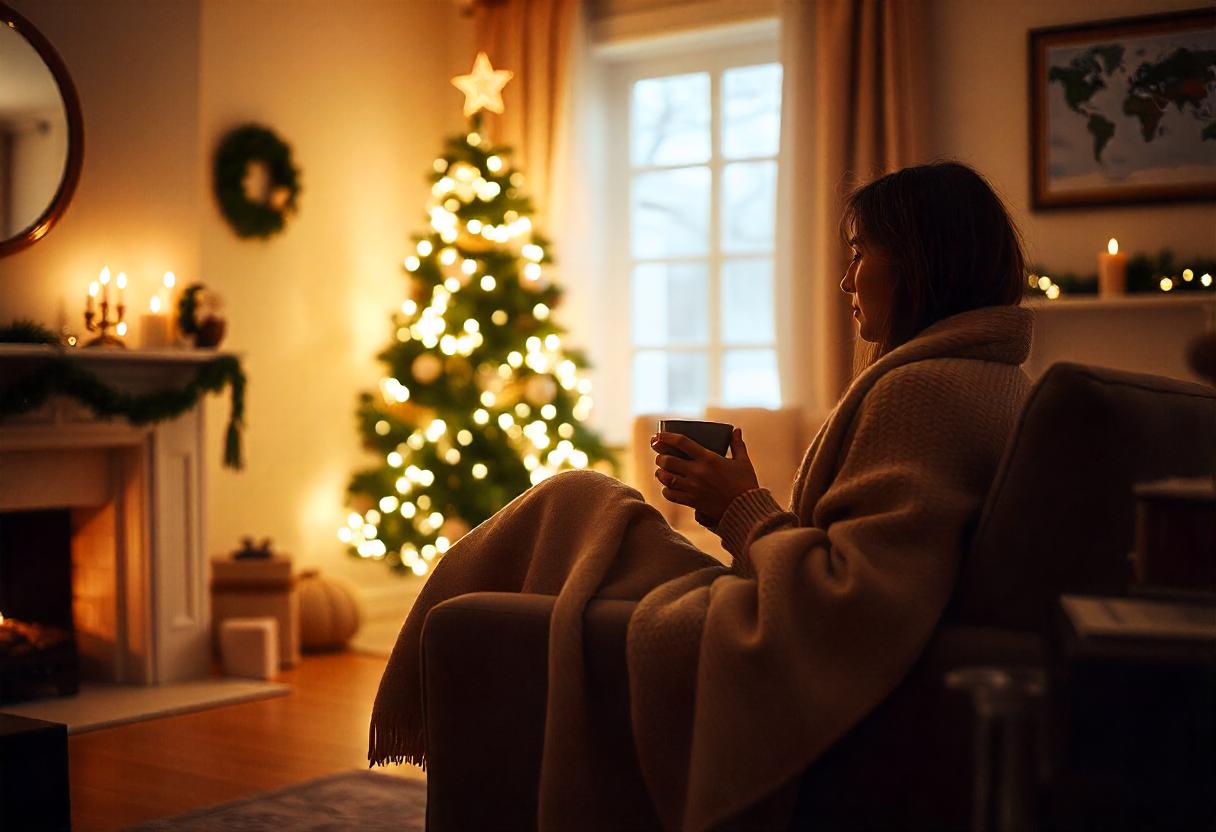 Eine Frau sitzt allein an Weihnachten eingekuschelt mit einer Tasse Tee vor einem festlich geschmückten Weihnachtsbaum und genießt die stille, gemütliche Atmosphäre.