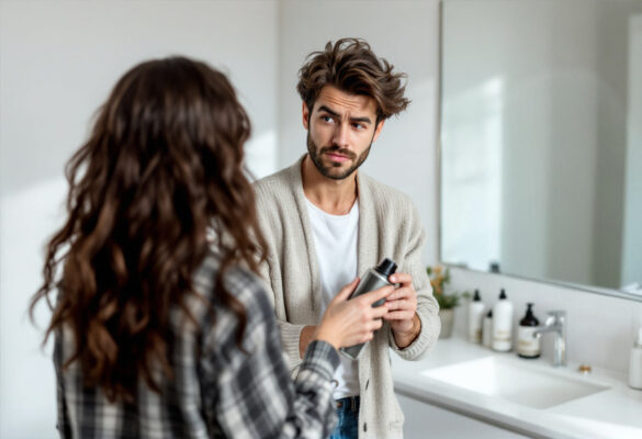 Eine Frau hält ihrem Partner in einem modernen Badezimmer eine Alternative zu Haarspray entgegen, während er fragend schaut.