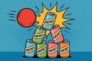 Pyramide bunter Energydrink-Dosen wird von einem roten Ball getroffen, Comic-Stil