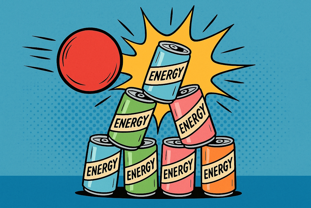 Pyramide bunter Energydrink-Dosen wird von einem roten Ball getroffen, Comic-Stil