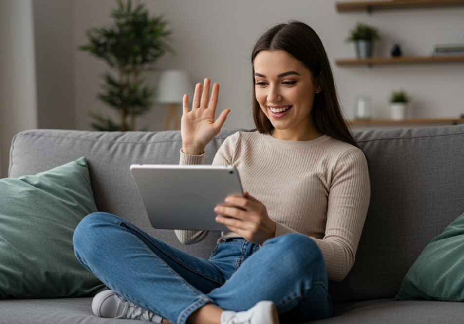 Nahaufnahme von junger Frau in legerem Outfit auf der Couch sitzend, winkend und lächelnd auf den digitalen Tablet-Bildschirm bei der Nutzung von Skype