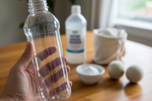 Hand hält eine leere Weichspüler-Flasche im Vordergrund, im unscharfen Hintergrund stehen auf einem Holztisch eine Essig-Flasche, eine Schüssel mit Natron und zwei Woll-Trocknerbälle, alles in warmem Tageslicht gehalten.