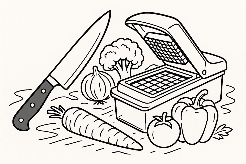 Alternativen zum Gemüseschneider mit Gittereinsatz neben Küchenmesser, Karotte, Tomate, Paprika, Zwiebel, Brokkoli und Petersilie.