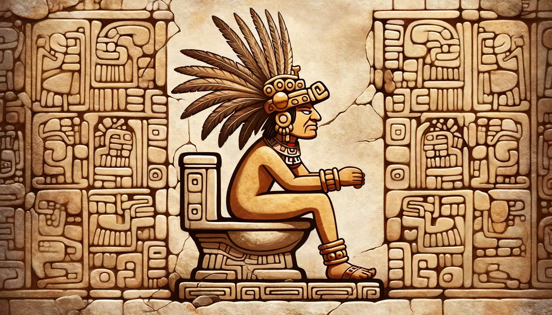 Montezuma, der neunte Herrscher der Azteken sitzt auf dem Klo als Symbolbild für Ratgeber: anderes Wort für Durchfall