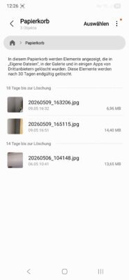 Übersicht der Dateien, die sich im Papierkorb des Dateimanagers befinden