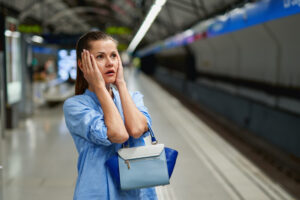 Frau in einer U-Bahn-Station mit besorgtem Ausdruck, symbolisiert die Situation bei Zugausfall oder Busverspätung.