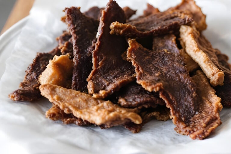 Selber gemachtes Beef Jerky auf Pergamentpapier auf einem Teller.