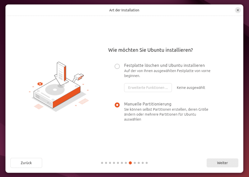 Je nach Anwendungsfall bietet dir beispielsweise das Ubuntu-Setup hier mehrere Möglichkeiten für die Installation. Möchtest du etwa ausschließlich Linux nutzen, wähle Option 1.