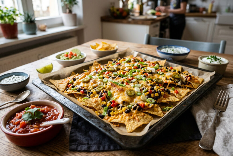 Ein Bleck mit Nachos und Toppings, ringsherum stehen verschiedene Dips - Salsa, Joghurt, Tzaziki