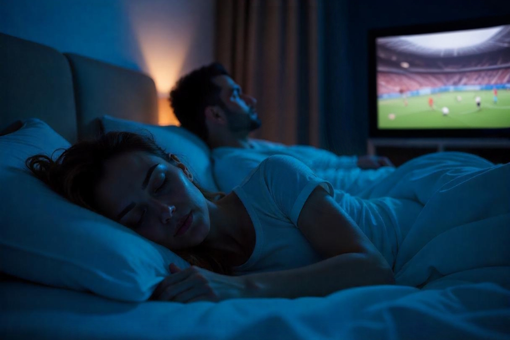 Eine Frau schläft im Bett, während ein Mann neben ihr wach ist und Fußball im Fernsehen schaut, passend zum Thema: Brauchen Frauen mehr Schlaf als Männer?