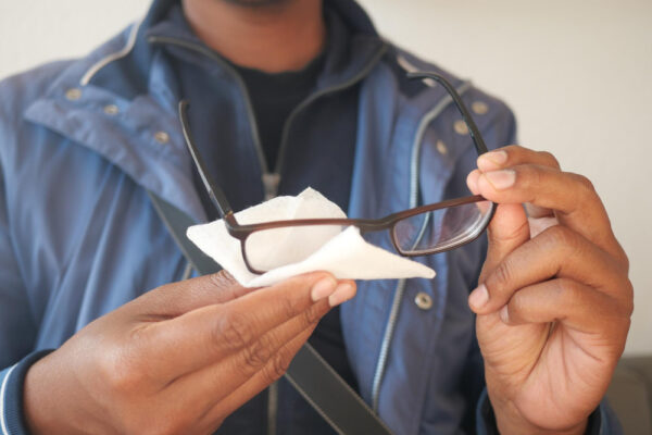 Eine Person reinigt ihre Brille mit einem weichen Tuch, um klare Sicht und eine saubere Oberfläche zu gewährleisten. Brille reinigen – Tipps für streifenfreie Gläser und schonende Pflege.