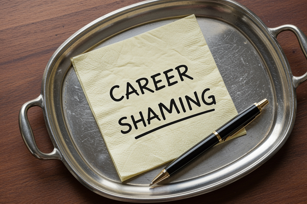 CAREER SHAMING handschriftlich mit einem Stift auf einer Serviette geschrieben, auf einem Silbertablett